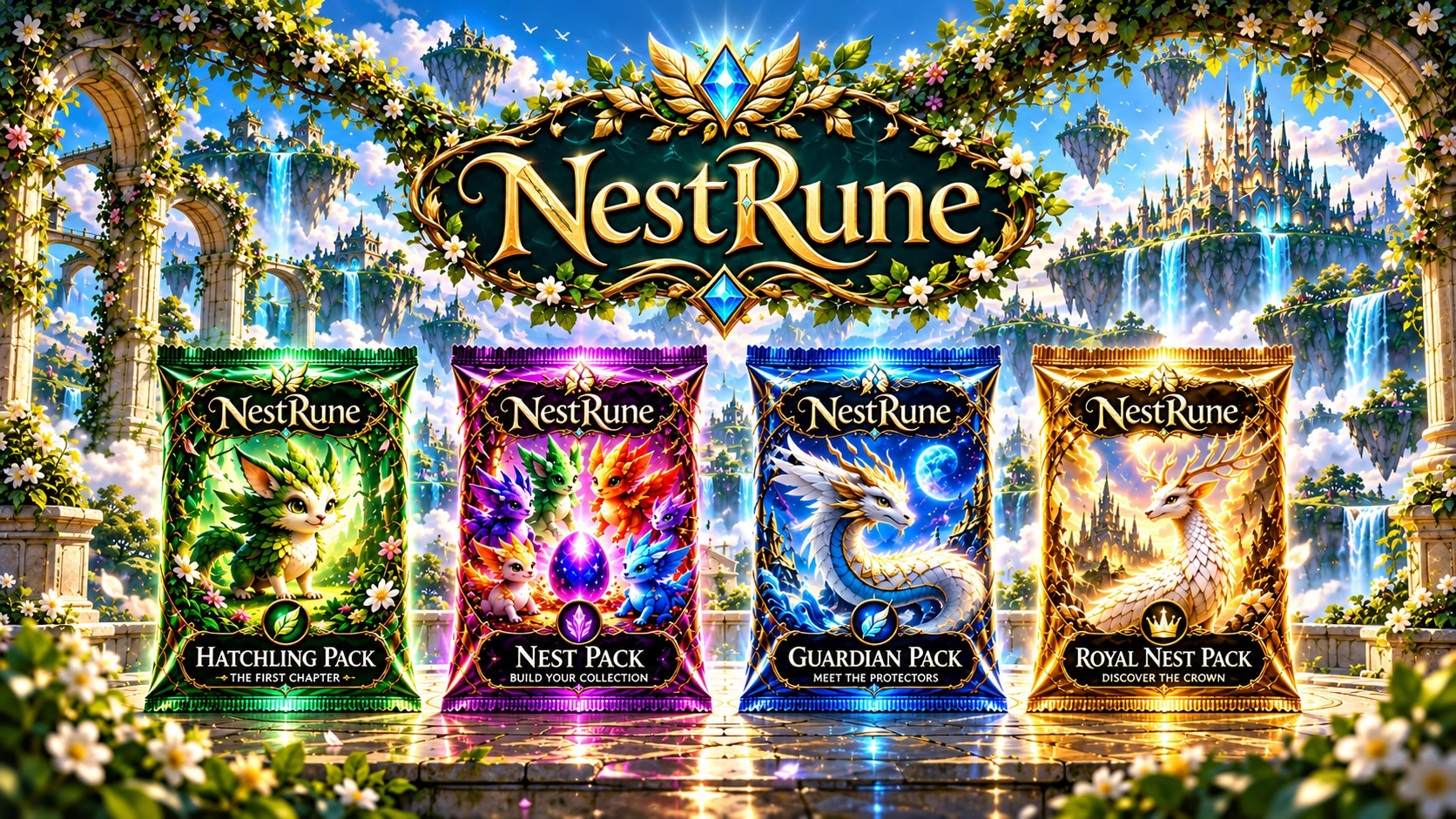 NestRune in the Garden of Lands: green Hatchling Pack, purple Nest Pack, blue Guardian Pack, and gold Royal Nest Pack